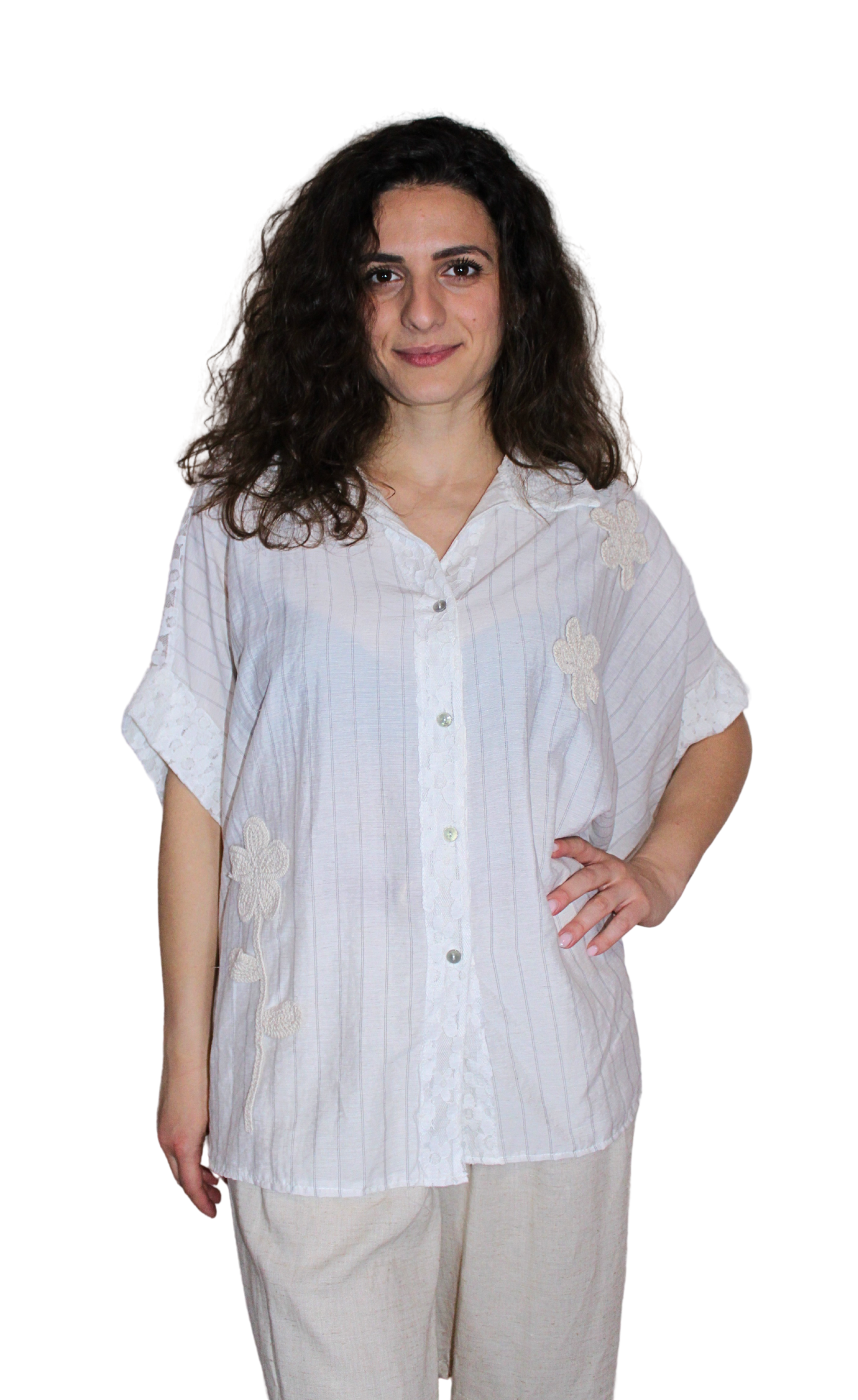 Camicia in pizzo viscosa e lino
