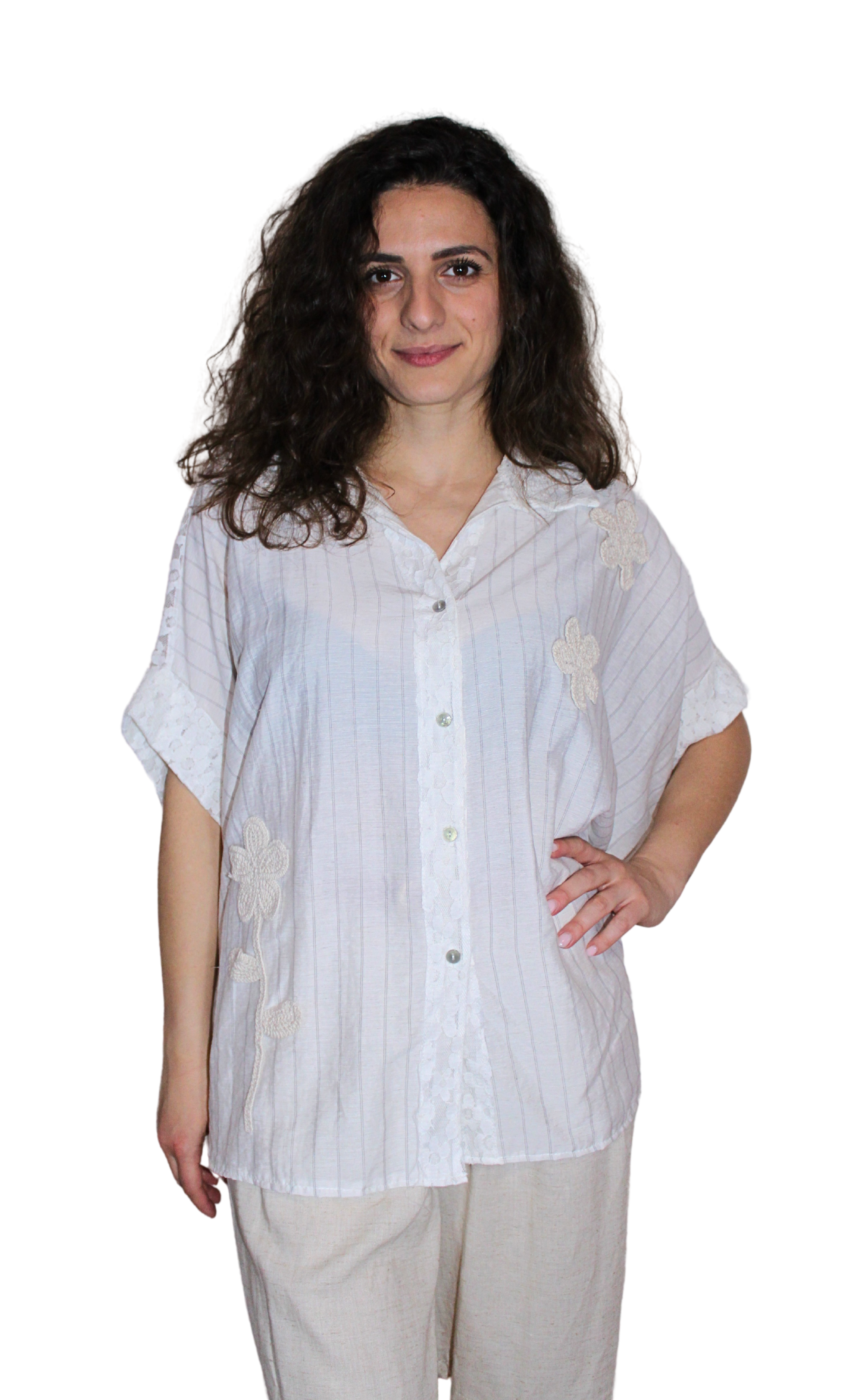Camicia in pizzo viscosa e lino